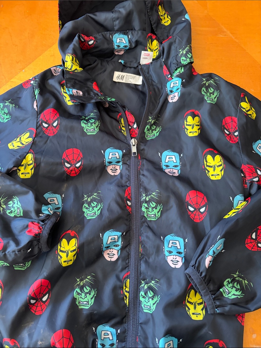 H&M Navy Kids Jacket with Red, Blue, Yellow & Green Marvel Faces
